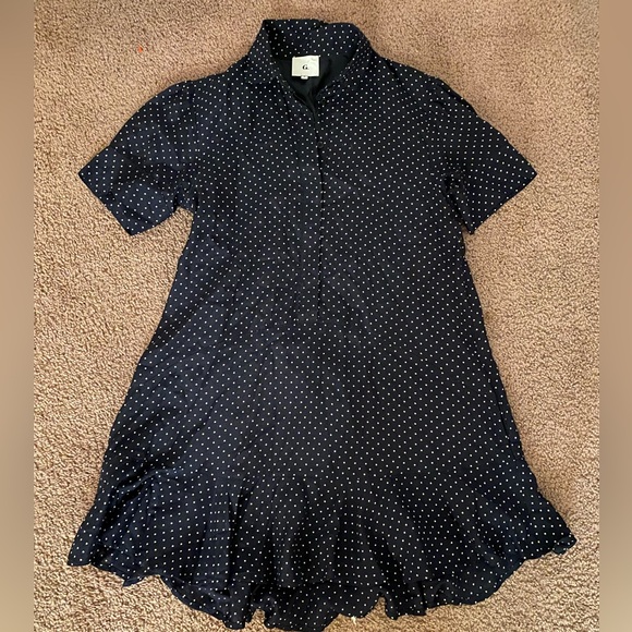 G. label by GOOP denise mini shirt dress navy blue white polka dot 6 ruffle hem - Picture 3 of 6